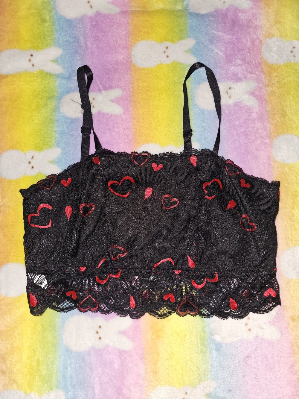 SHEIN Black Lace Bralette with Red Heart Embroidery